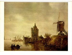 River bank with windmill and ruined castle