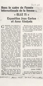 “Dans le cadre de l’ année internationale de la femme : ‘Elle 75’. Exposition Jean Carton et Anna Kindynis”