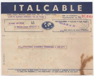 Τηλεγράφημα προς την Ιωάννα Βεροπούλου-Σπητέρη από την Λ.Αρλιώτη