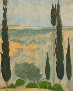 Sea with cypresses