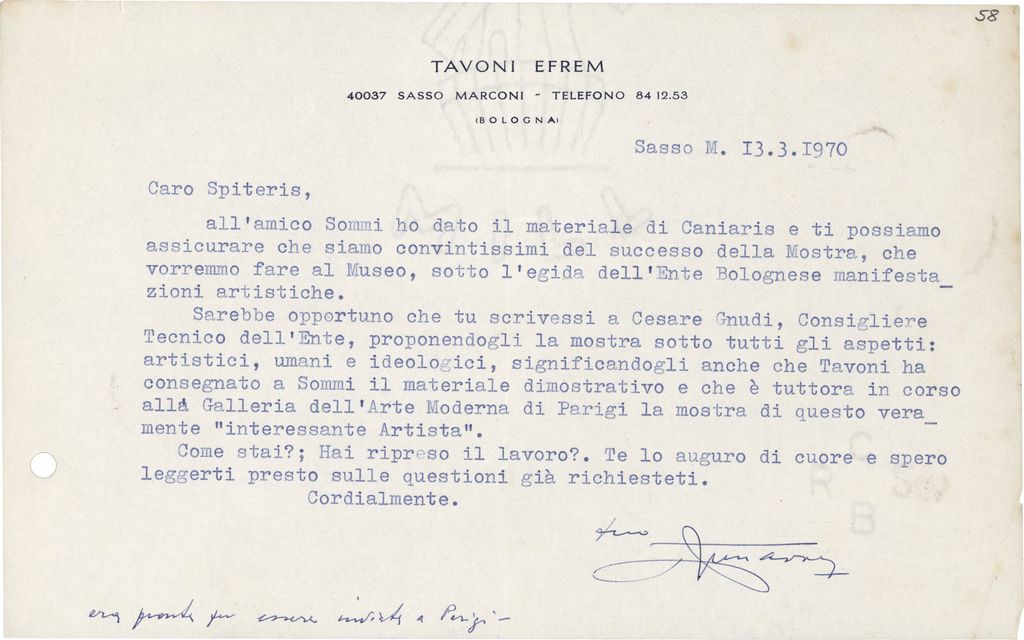 Επιστολή του Efrem Tavoni προς τον Τώνη Σπητέρη