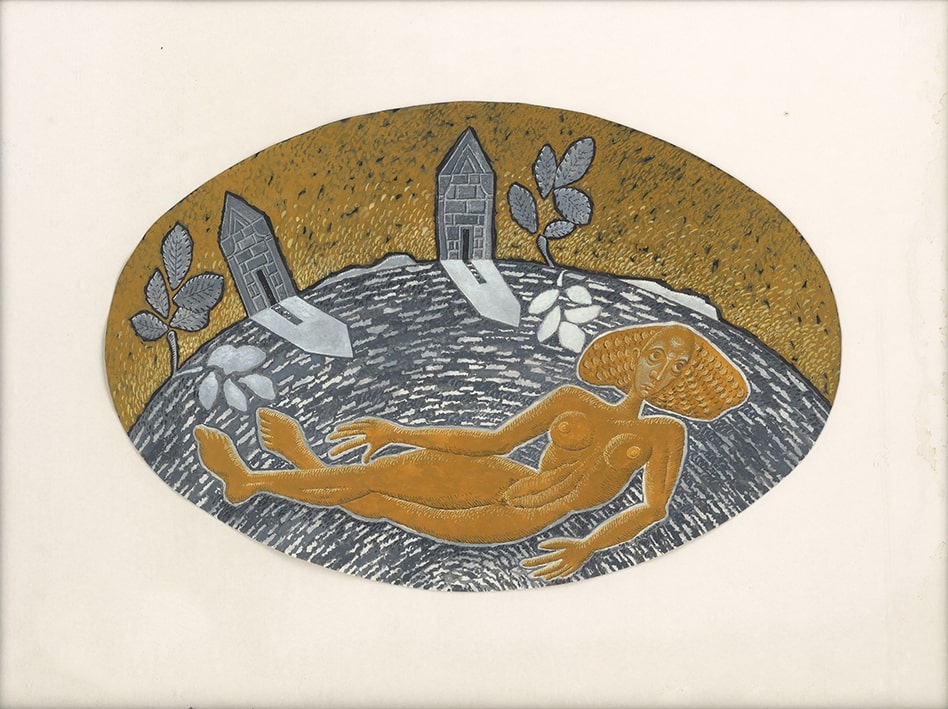 Reclining woman in oval frame