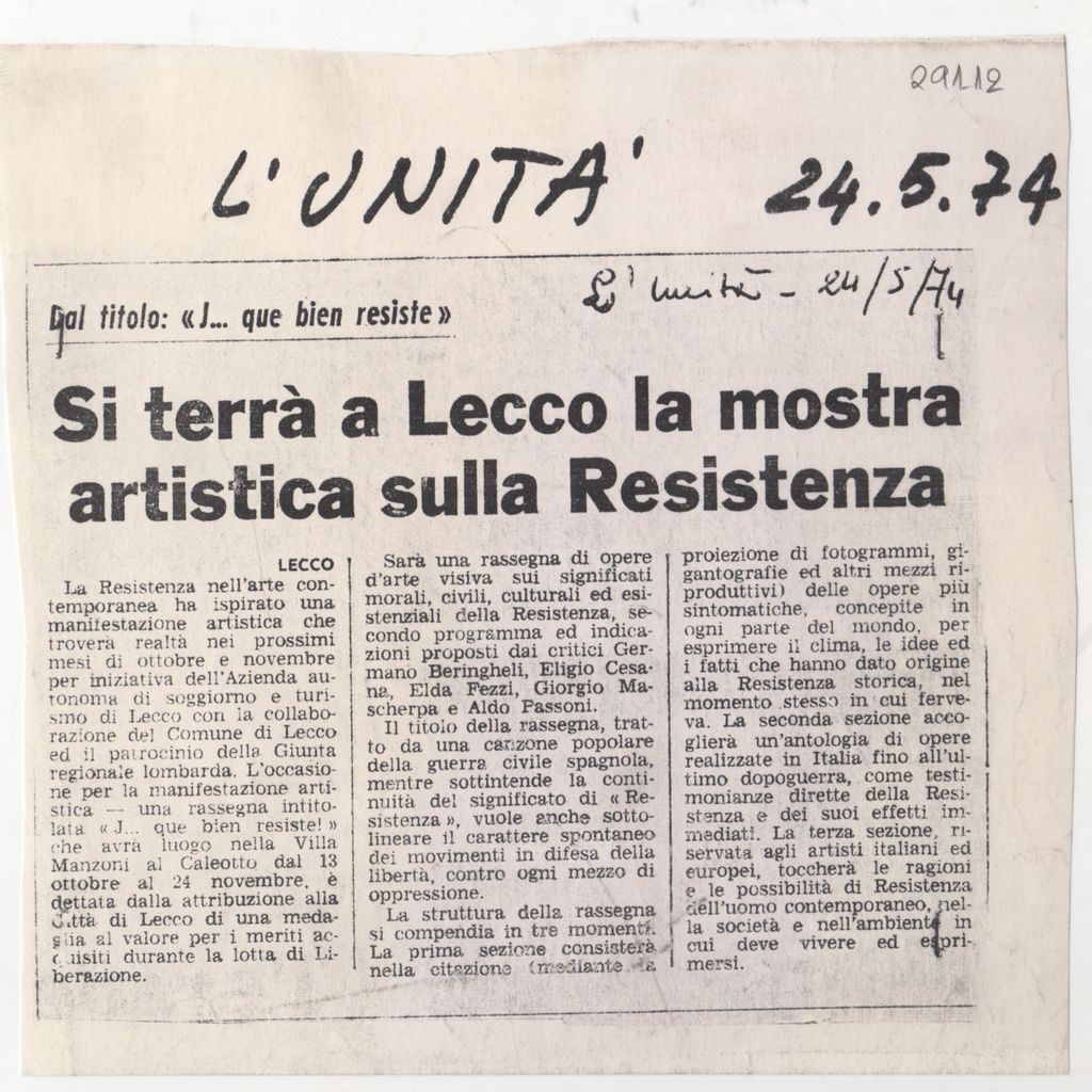 “Si terrà a Lecco la mostra artistica sulla Resistenza”