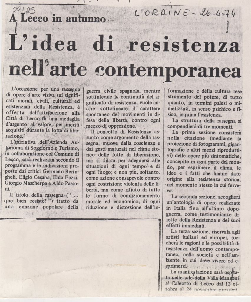 “A Lecco in autumno. L’ Idea di resistenza nell’ arte contemporanea”
