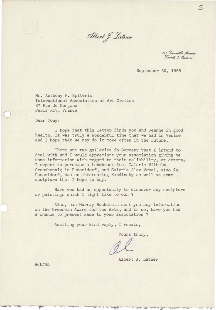 Επιστολή του Albert Latner προς τον Τώνη Σπητέρη