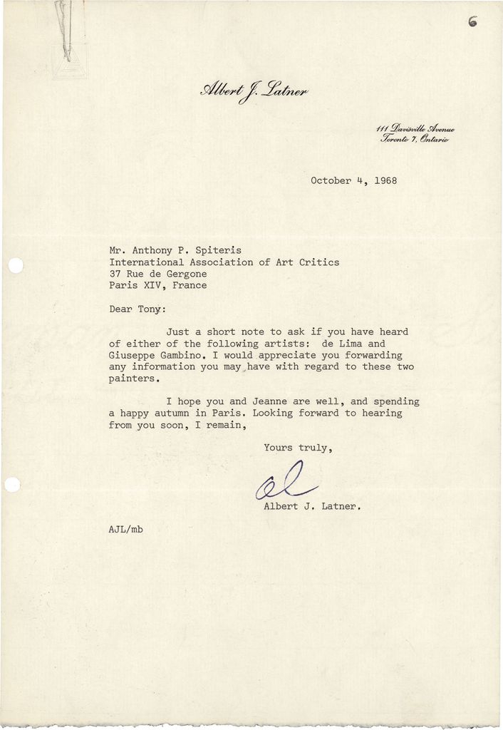 Επιστολή του Albert Latner προς τον Τώνη Σπητέρη