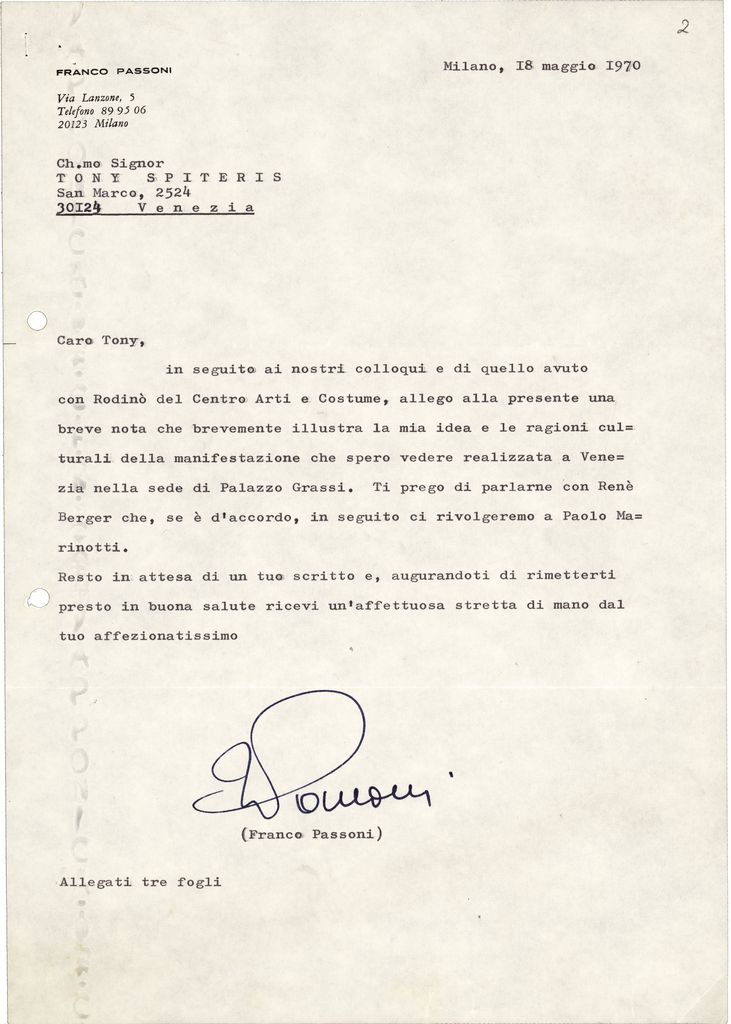 Επιστολή του Franco Passoni προς τον Τώνη Σπητέρη