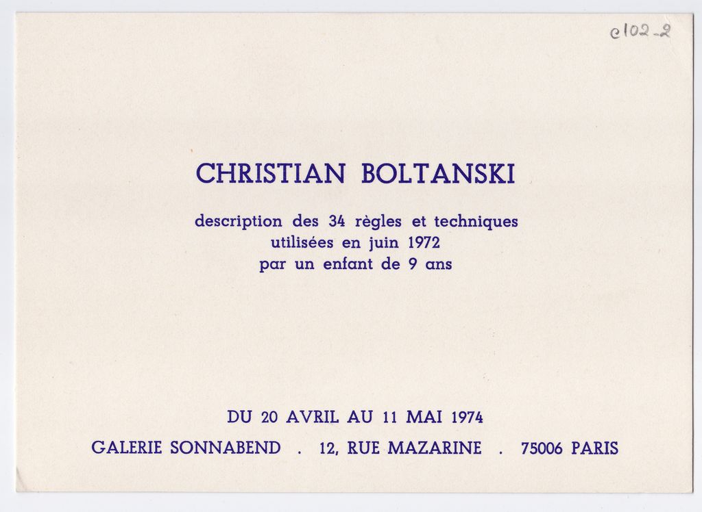 Έκθεση Christian Boltanski “Description des 34 règles et techniques utilisées en juin 1972 par un enfant de 9 ans”