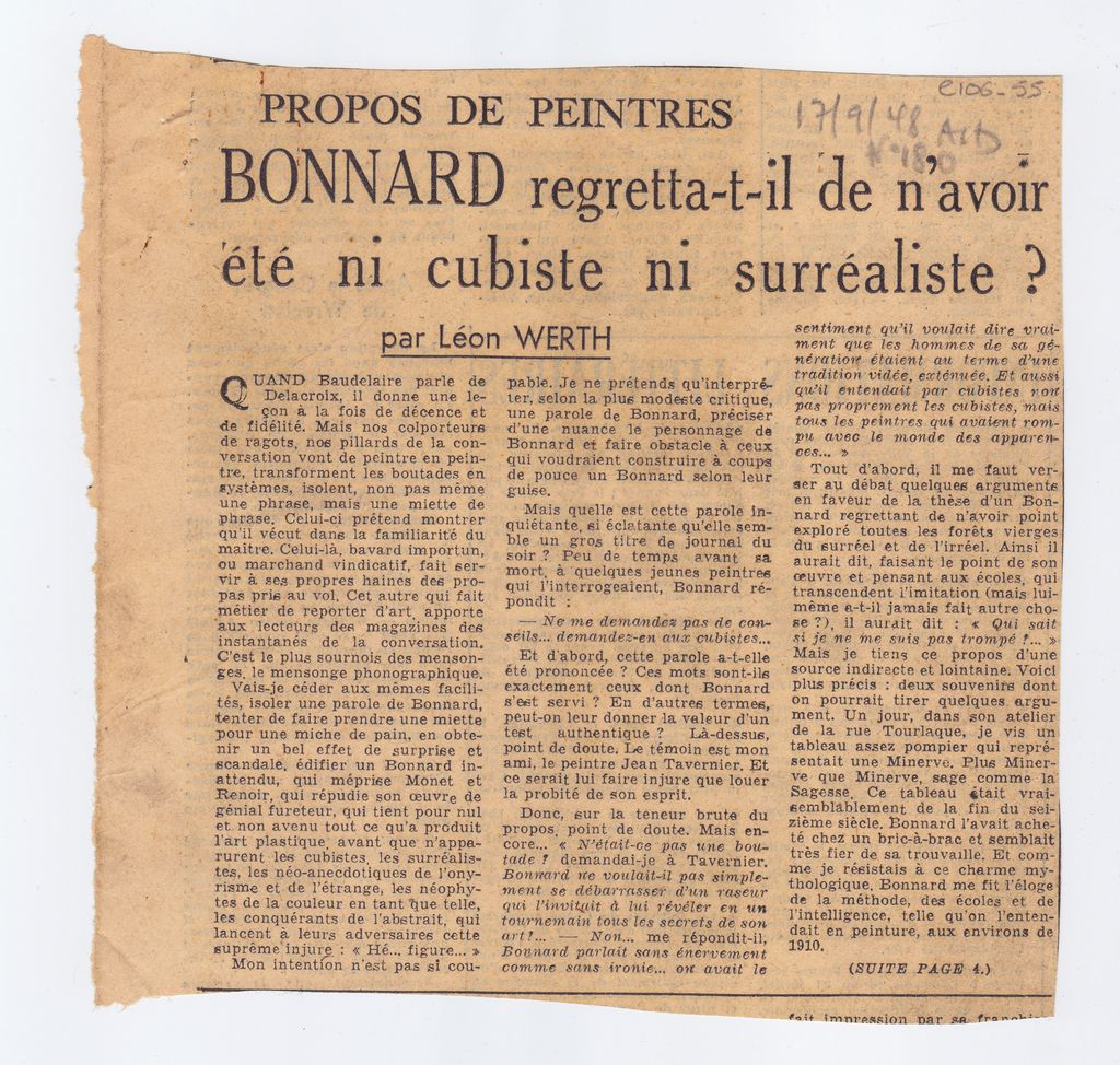 “Propos de peintres. Bonnard regretta-t-il de n’ avoir été ni cubiste ni surréaliste?”
