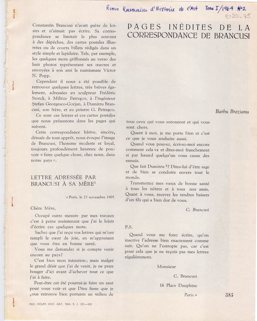 “Pages inédites de la correspondance de Brancusi”