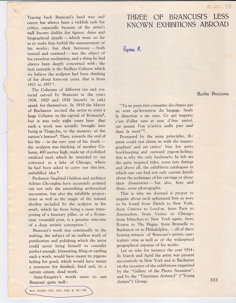 “Three of Brancusi’s less known exhibitions abroad”