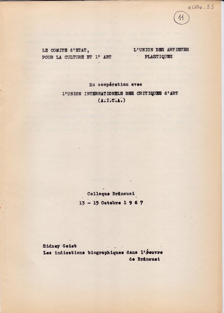Ανακοίνωση του Sidney Heist για τον Constantin Brancusi “Les indications biographiques dans l’ oeuvre de Brancusi”