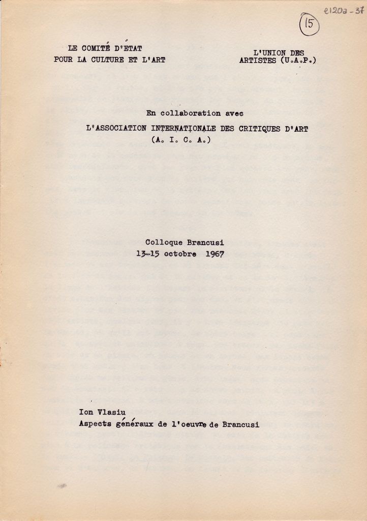 Ανακοίνωση Ion Vlasiu για τον Constantin Brancusi “Aspects généraux de l’ oeuvre de Brancusi”