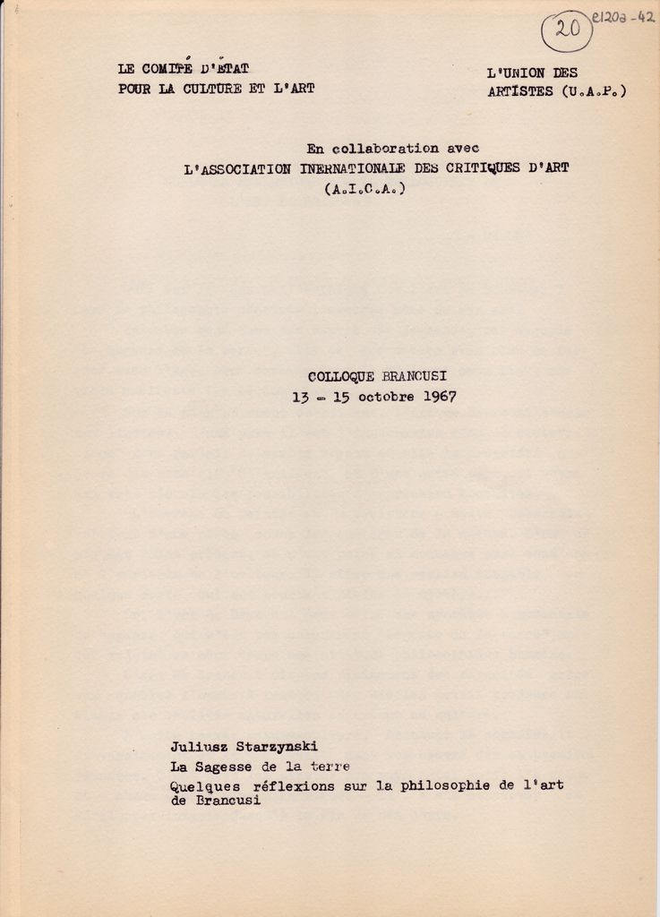 Περίληψη ανακοίνωσης του Juliuz Starzynski για τον Constantin Brancusi “Quelques réflexions sur la philosophie de l’ art de Brancusi”