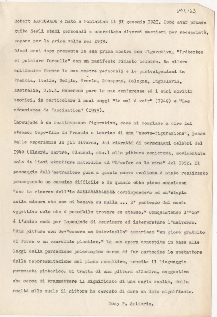 Κείμενο του Τώνη Σπητέρη για τον Robert Lapoujade