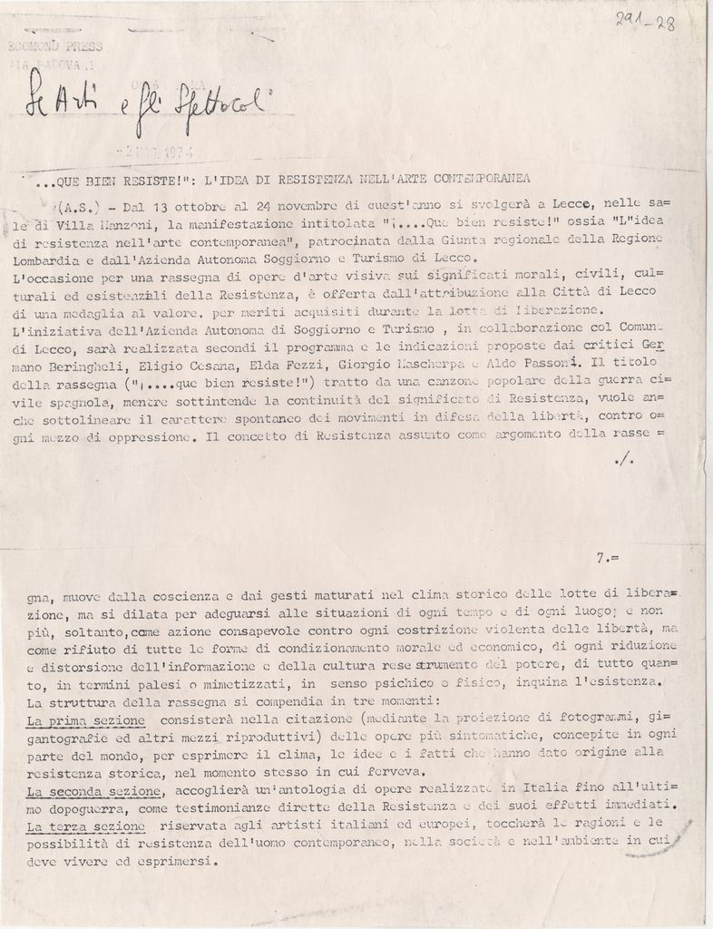 “… que bien resiste! L’ Idea di Resistenza nell’ arte contemporanea”