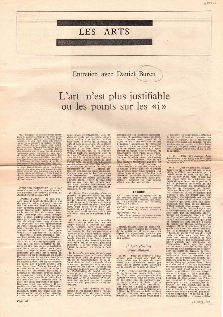 “Entretien avec Daniel Buren. L’ art n’ est plus justifiable ou les points sur les ‘i'”