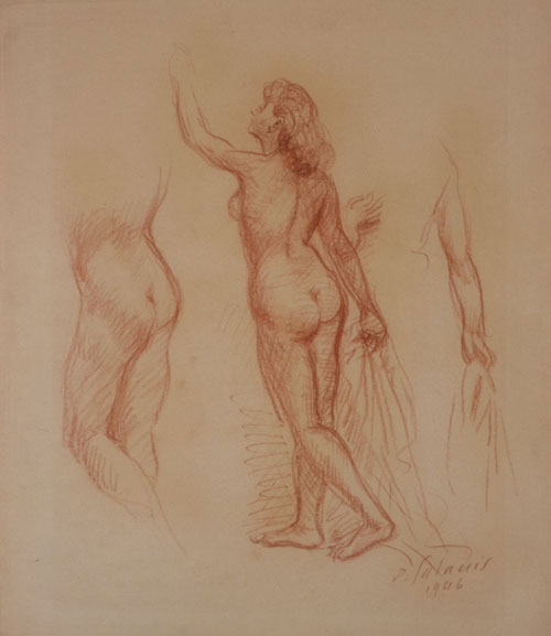 Nude with raised hand and studies of body parts