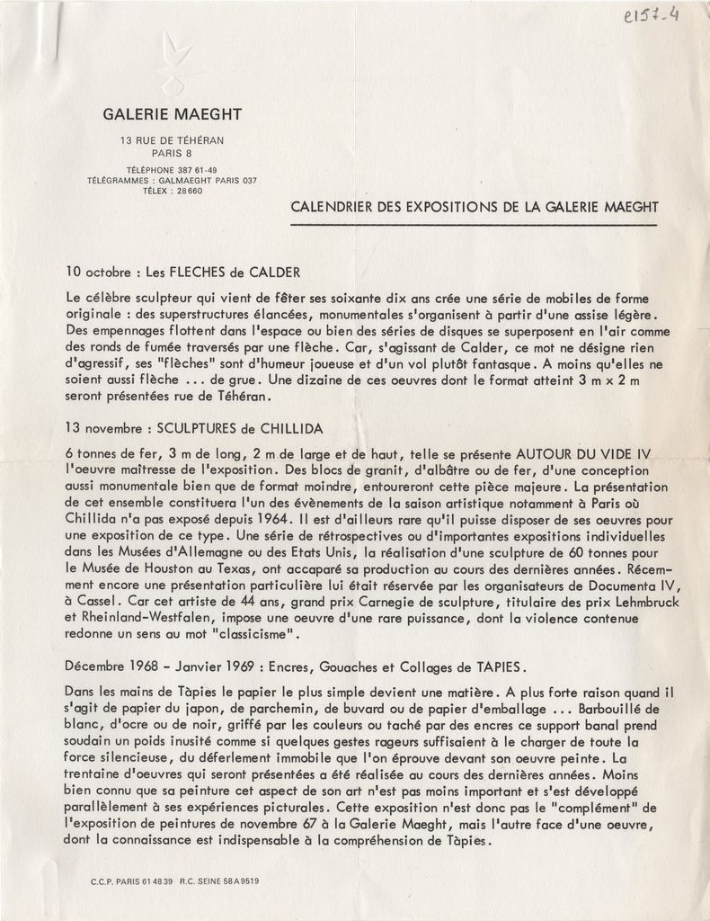“Calendrier des expositions de la Galerie Maeght”