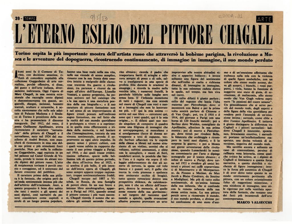 “L’ eterno esilio del pittore Chagall”