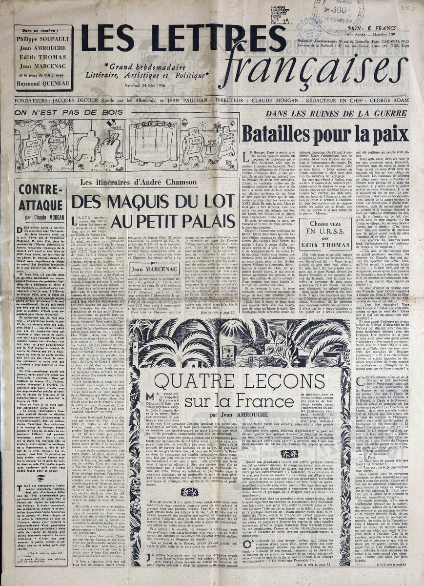 “LES LETTRES Françaises”, 6me Année – Numéro 109