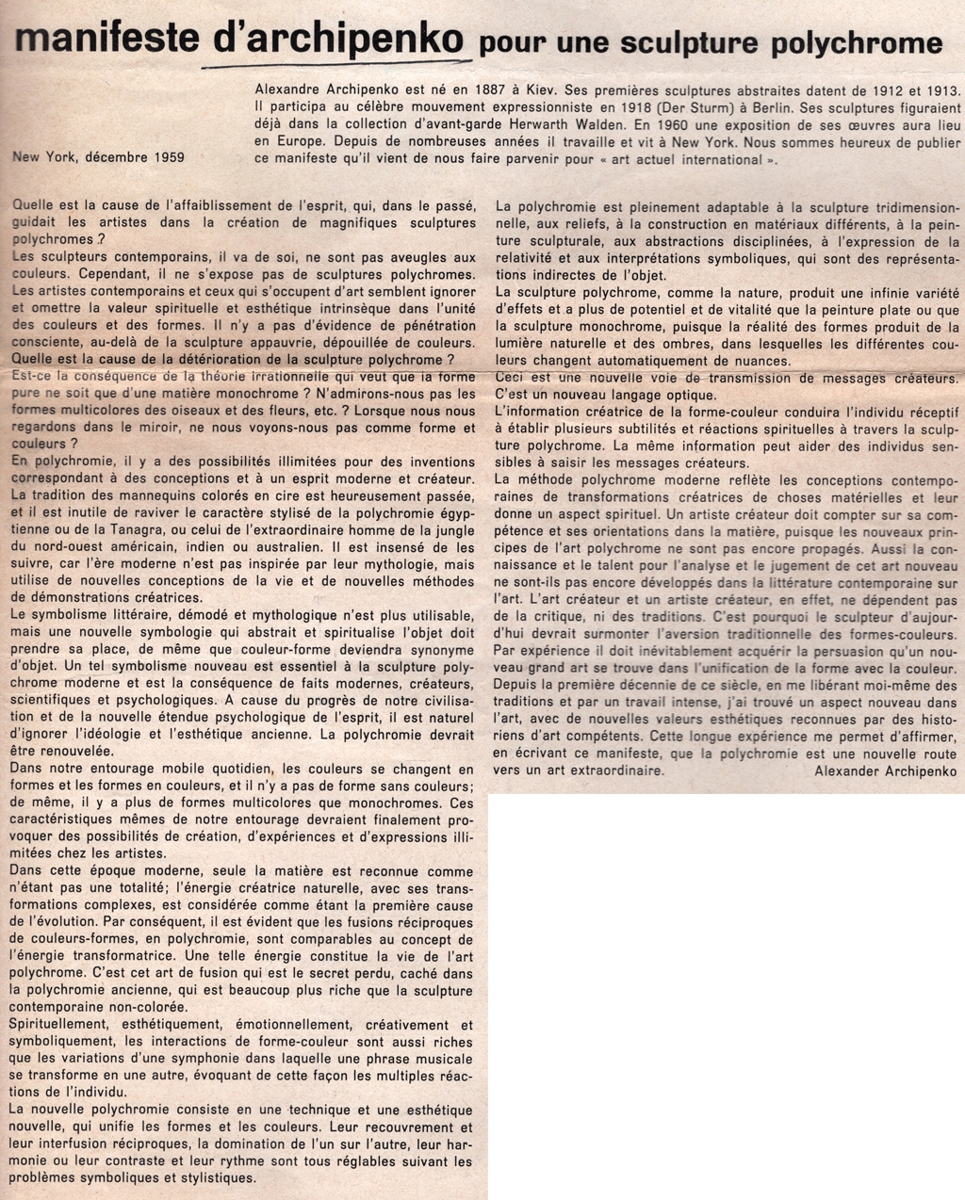 “Manifeste d’Archipenko pour une sculpture polychrome”