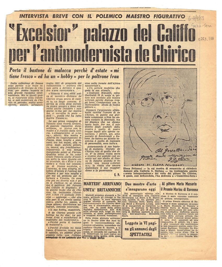 “‘Excelsior’ palazzo del Galiffo per l’antimodenista de Chirico”