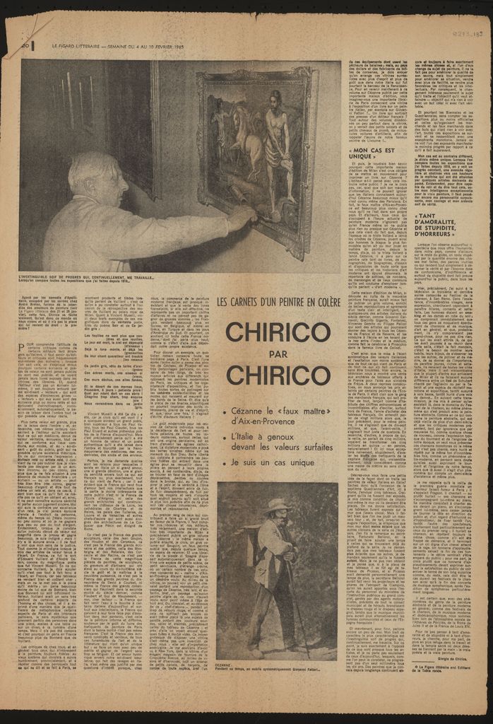 “Les carnets d’un paintre en colère. Chirico par Chirico. Cézanne le “faux maître” d’Aix-en-Provence, L’Italie à genoux devant les valeurs surfaites, Je suis un cas unique”