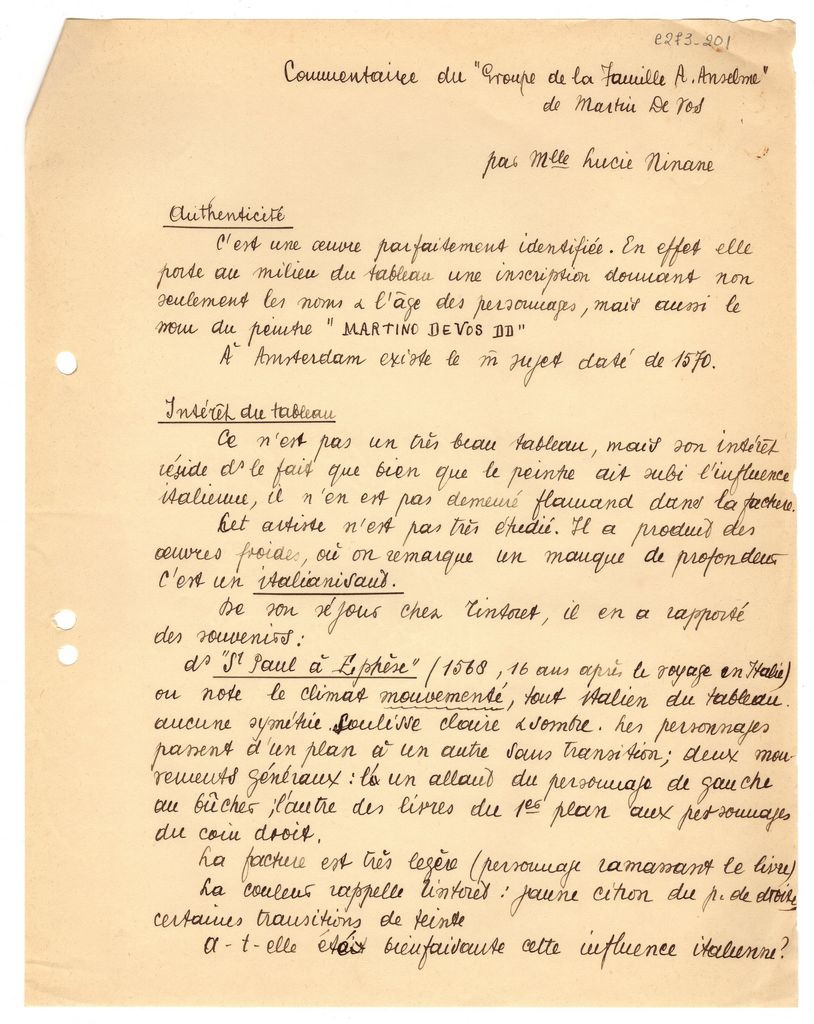 “Commentaire du ‘Groupe de la Famille A. Anselme’ de Maerten de Vos”