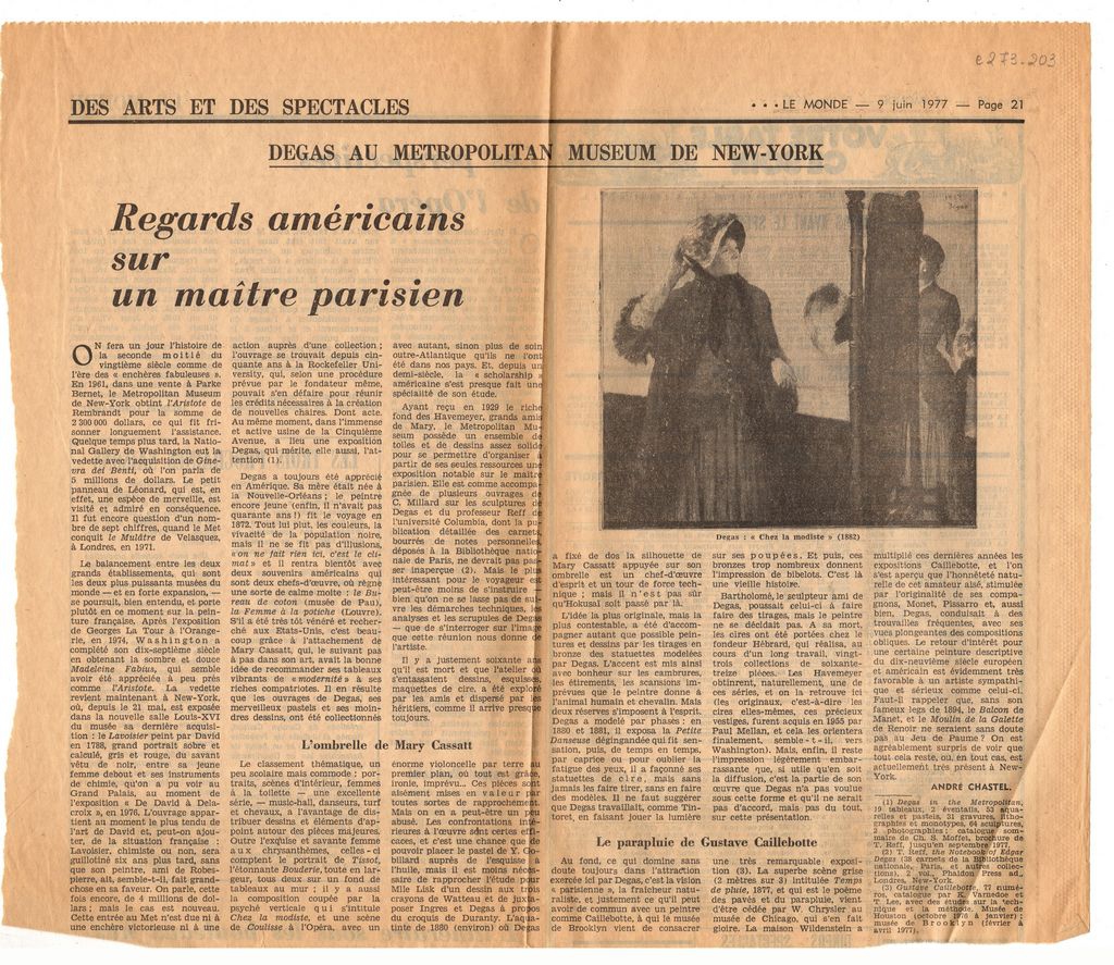 “Degas au metropolitan museum de New-York. Regard américains sur un maître parisien”