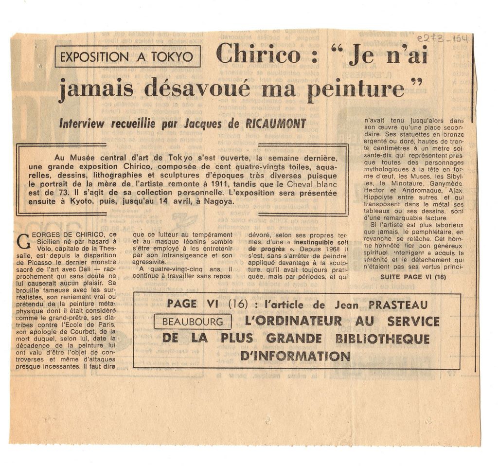 “Exposition a Tokyo. Chirico: “Je n’ai jamais désavoué ma peinture””