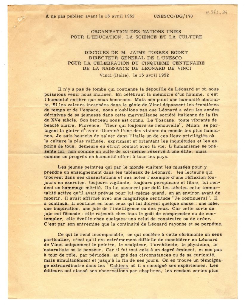 “Discours de M.Jaime Torres Bodet directeur general de l’Unesco pour la celebration du cinquieme centenaire de la naissance de Leonard de Vinci”