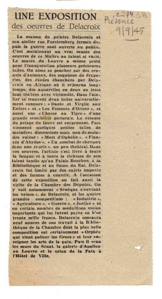 “Une exposition des oeuvres de Delacroix”