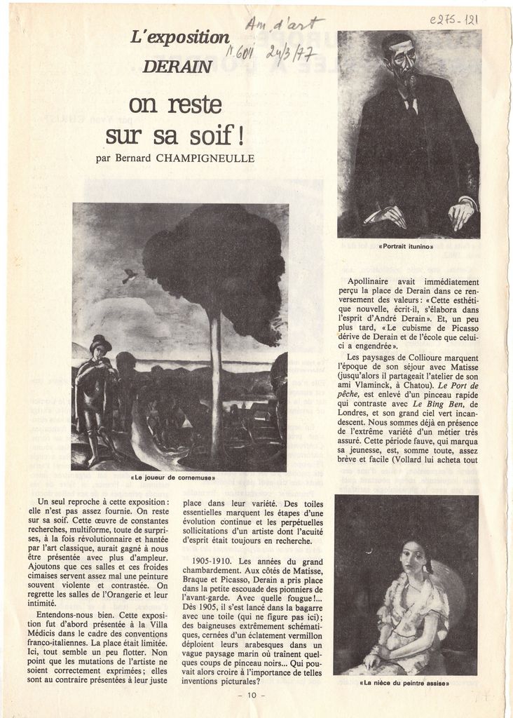 “L’ exposition Derain. On reste sur sa soif!”