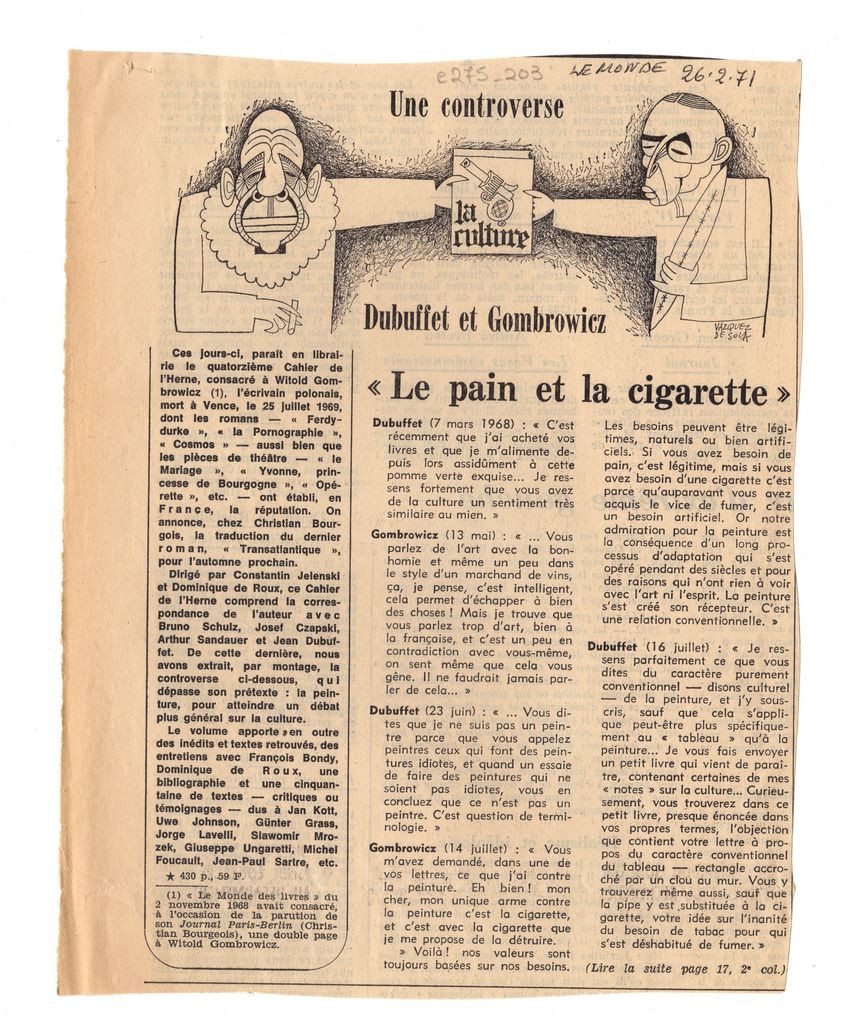“Une controverse, Dubuffet et Gombrowicz”
