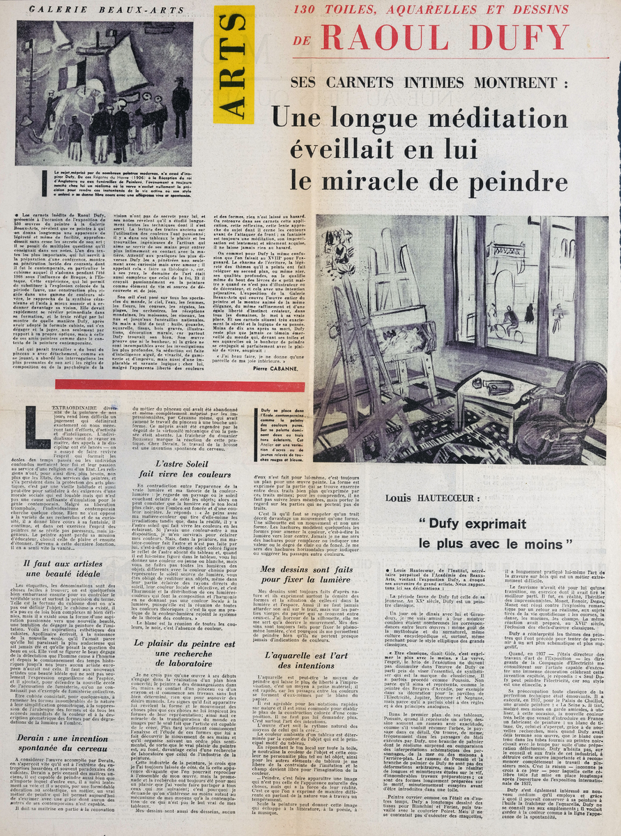 “130 toiles, aquarelle et dessins de Raoul Dufy. Ses carnets intimes montrent: Une longue méditation éveillait en lui le miracle de peindre”