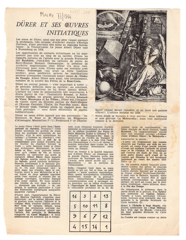 “Dürer et ses oeuvres initiatiques”