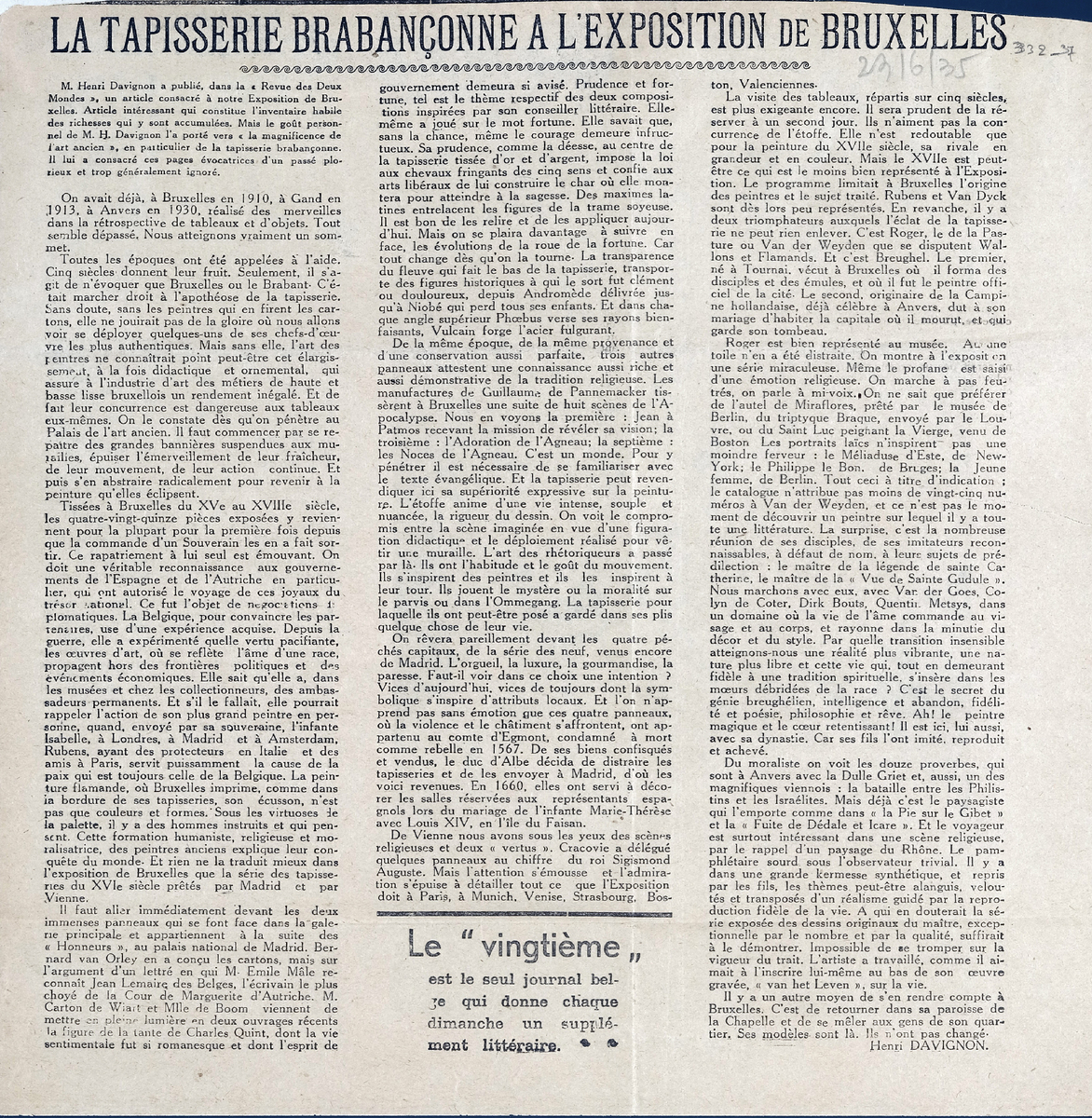 “La tapisserie brabançonne à l’ exposition de Bruxelles”