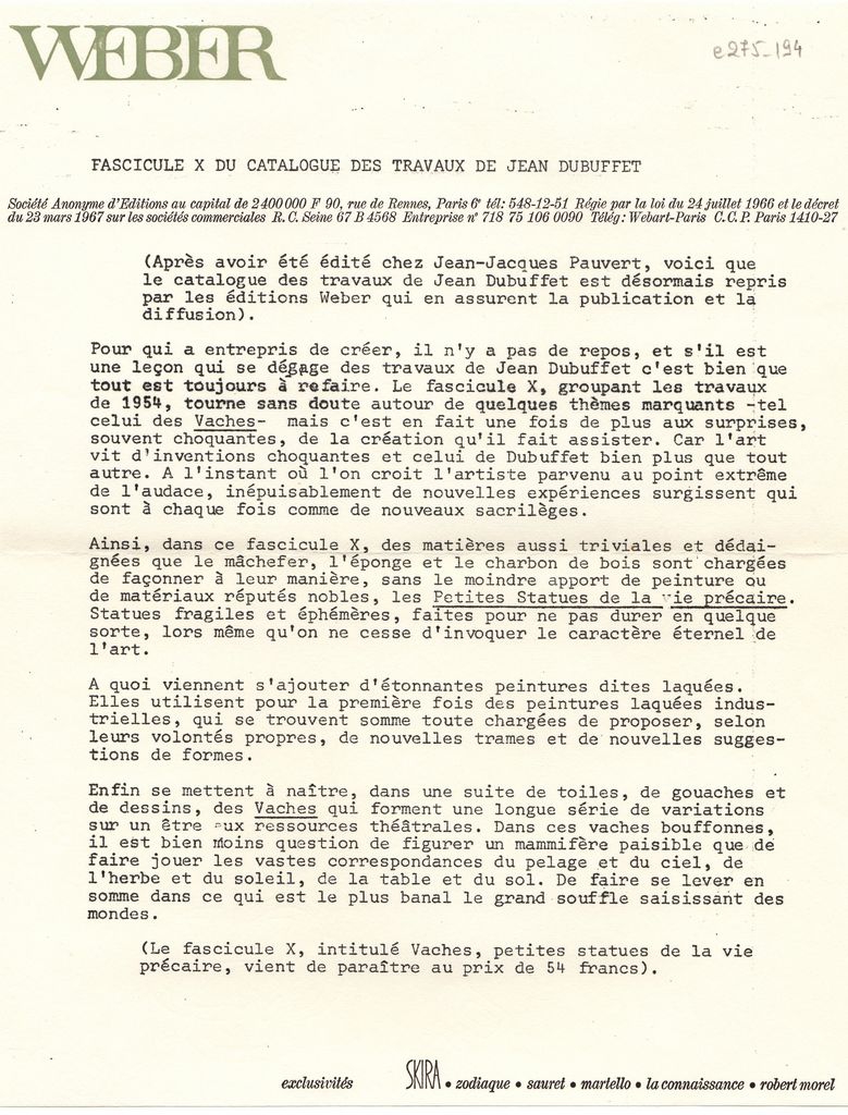 “Fascicule X du catalogue des travaux de Jean Dubuffet”