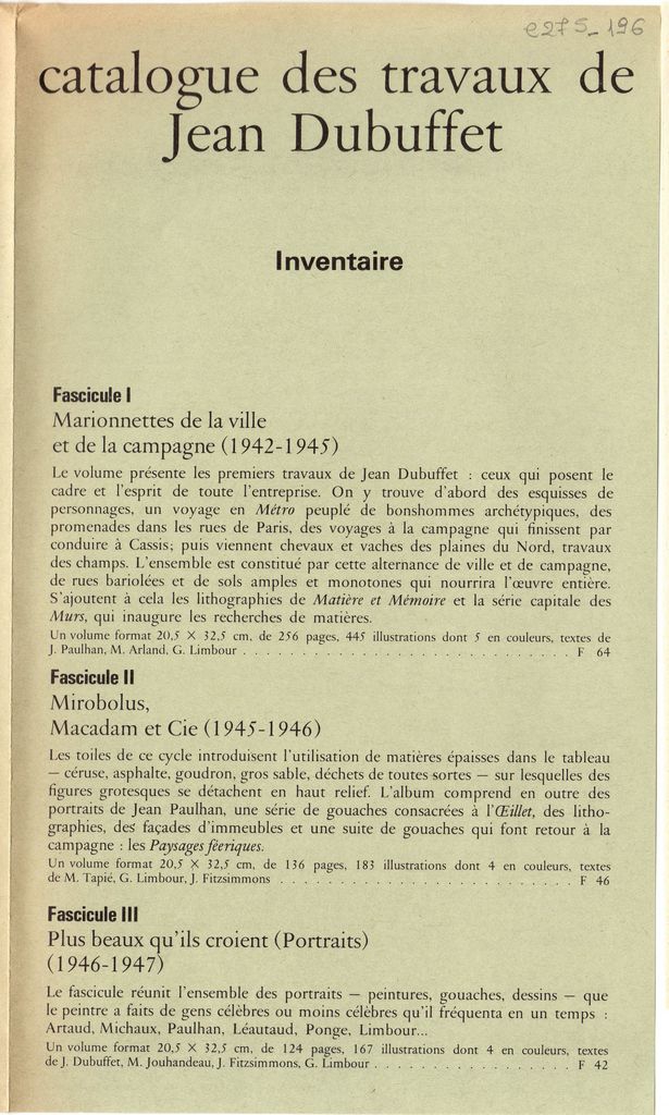 Ενημερωτικό έντυπο για την έκδοση “Catalogue des travaux de Jean Dubuffet”