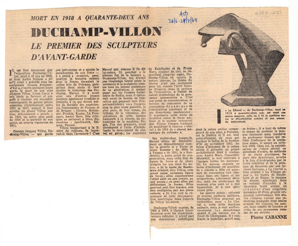 “Mort en 1918 à 42 ans, Duchamp-Villon le premier des sculpteurs d’ avant-garde”