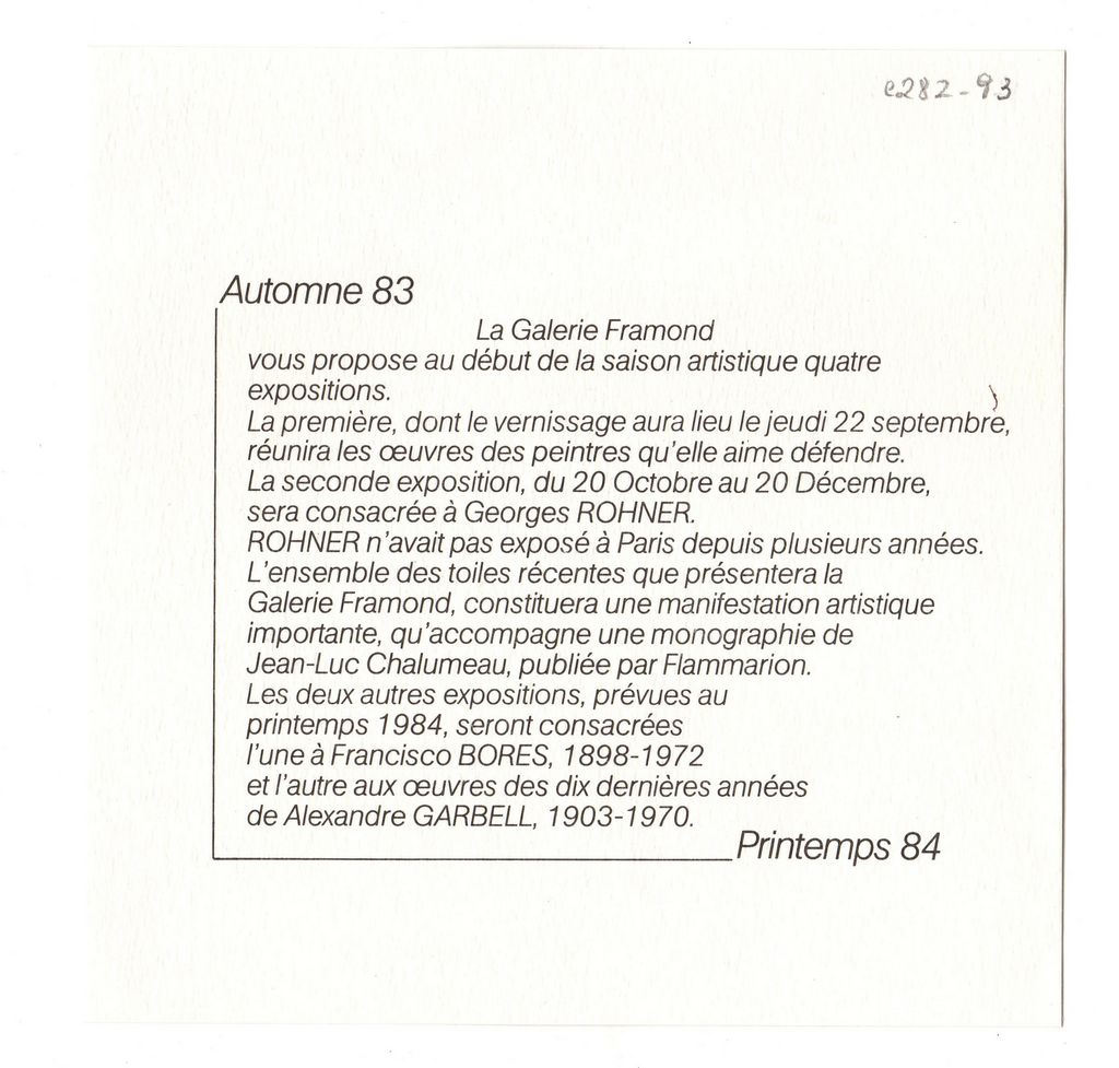 “Automne 83- Printemps 84. Galerie Framond”