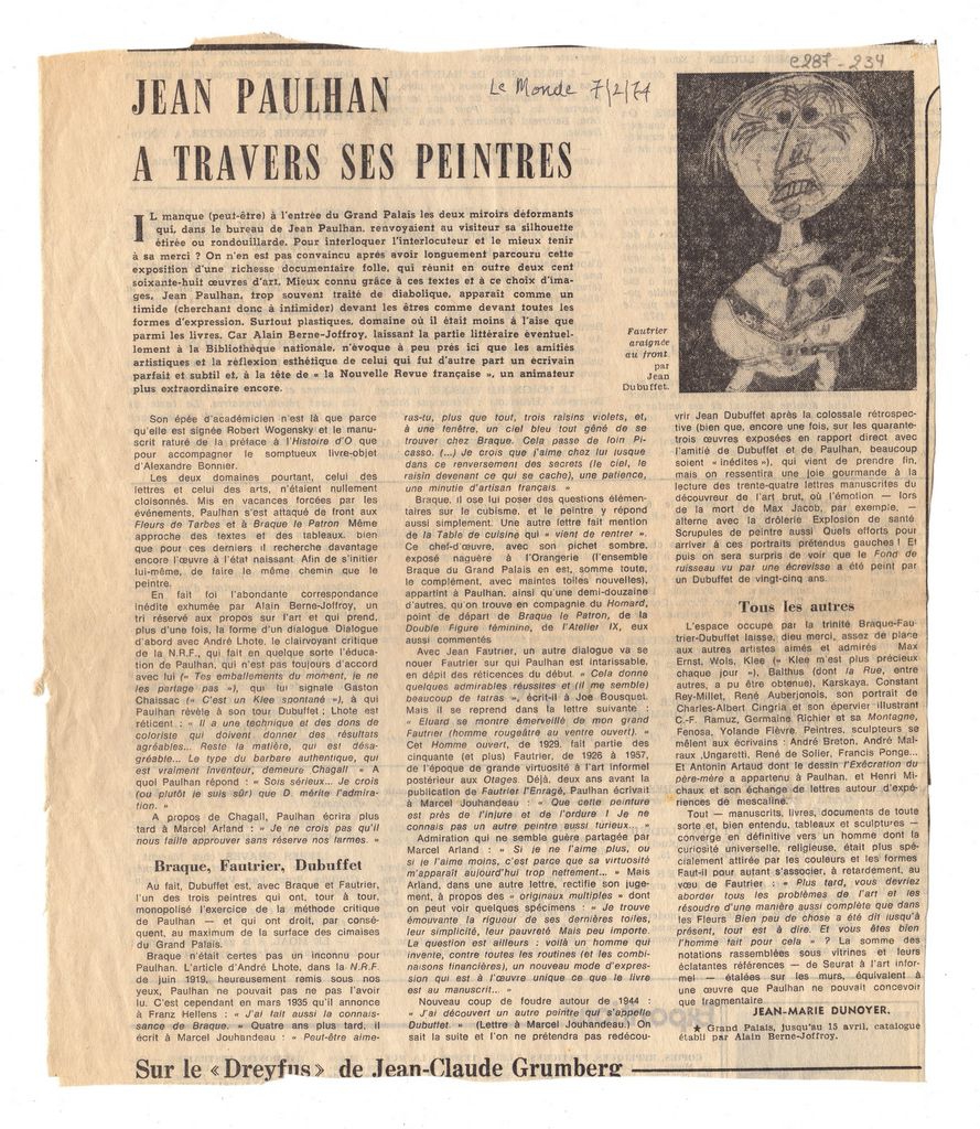 “Jean Paulhan à travers ses peintres”