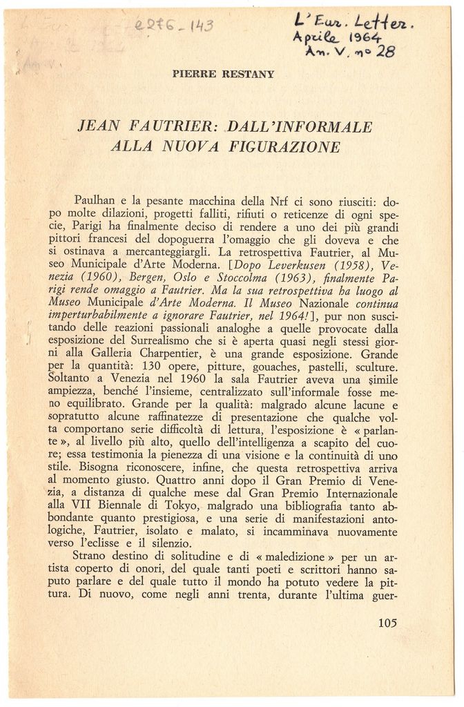 “Jean Fautrier: Dall’ informale alla nuova figurazione”