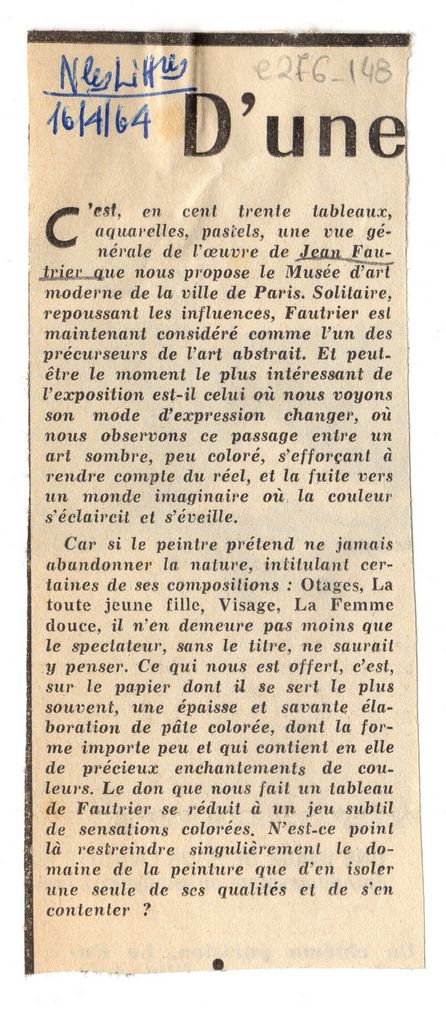 Άτιτλο δημοσίευμα [κριτική έκθεσης του Jean Fautrier]