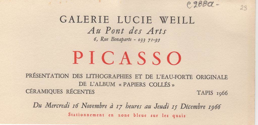 Έντυπο ατομικής έκθεσης, “Papiers Colles 1910-1914”, Galerie Lucie Weill, Παρίσι, 16/11-15/12/1966.