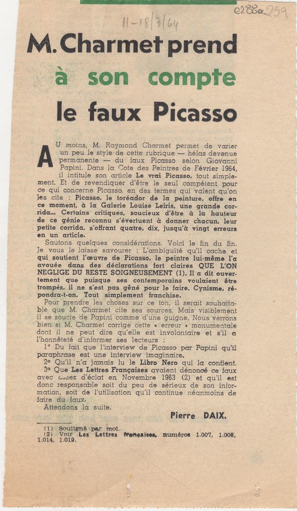 “M. Charmet prend à son compte le faux Picasso”