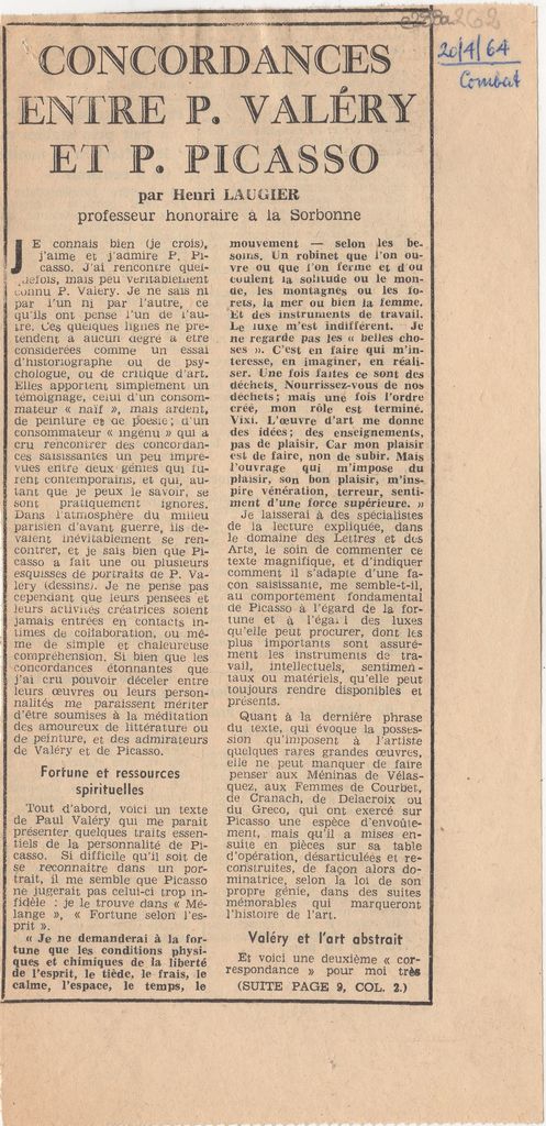 “Concordances entre P. Valéry et P. Picasso”