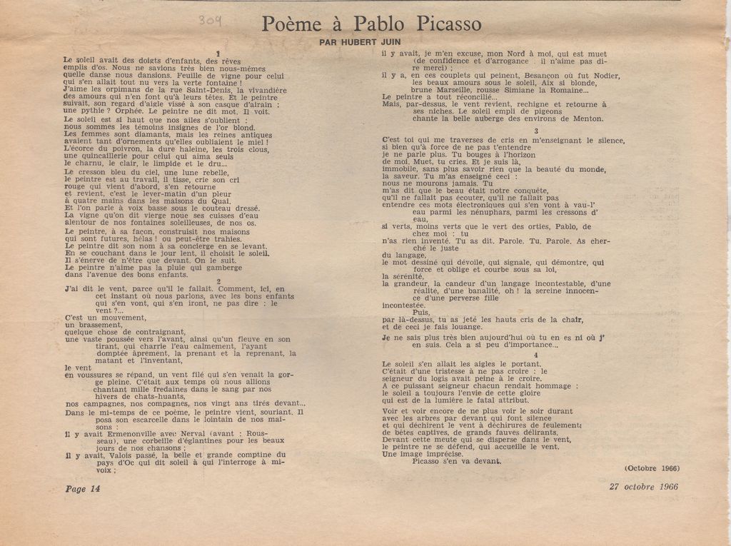 “Poème à Pablo Picasso”