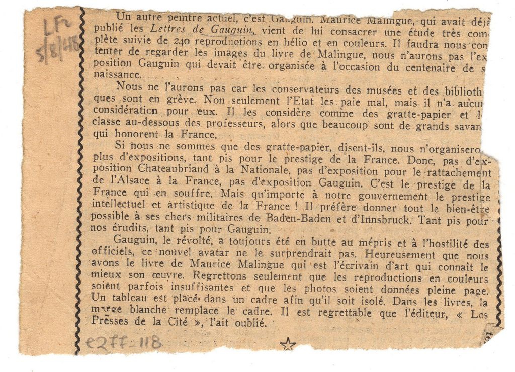 Κριτική της έκδοσης “Lettre de Gauguin”